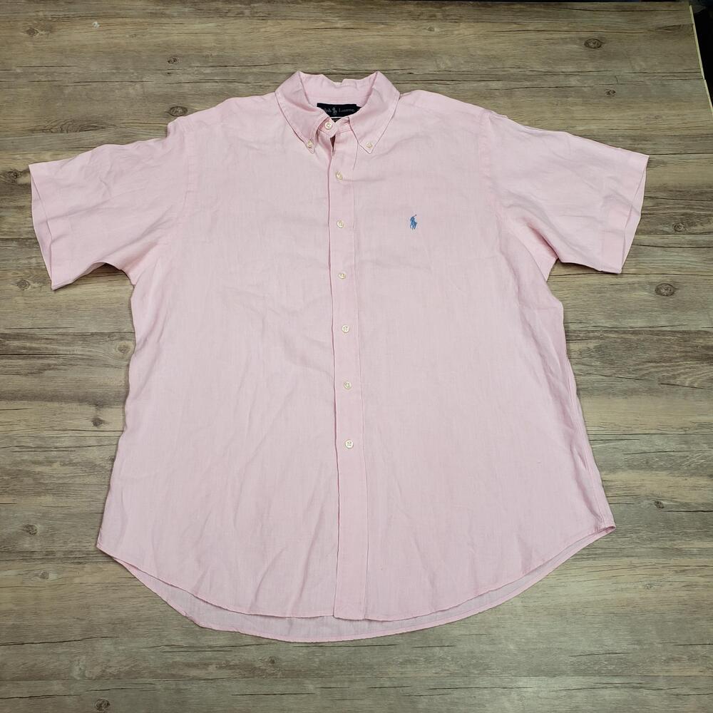Ralph Lauren Shirt Mens XL Pink Linen Short Sleeve Button Down Classic Casual